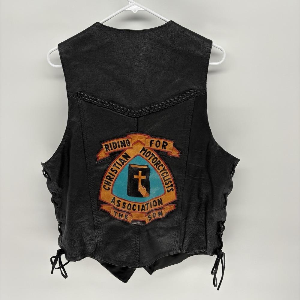 Vintage 80s MOB Leather Motorcycle Vest Lace Button Snap Biker Retro Men L
